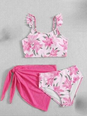 Brand NEW Floral Pink Ruffle-Strap Bikini Set with Sarong